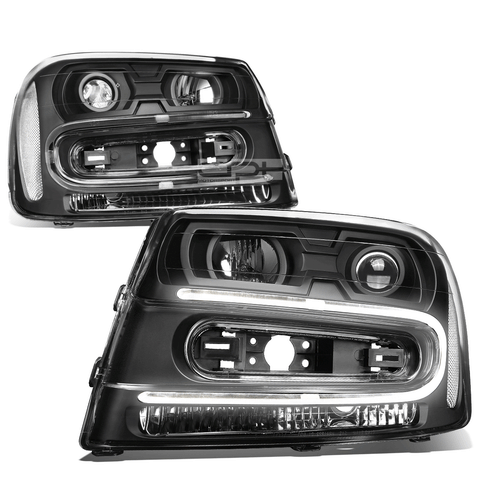 [LED DRL]  2002-2009 Chevy Trailblazer Pair Black Clear Projector Headlight