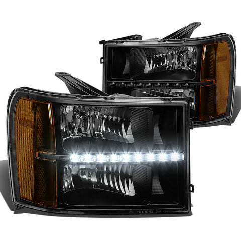 [LED DRL]  2007-2014 GMC Sierra Black Housing Amber Side Headlight/Lamp Set