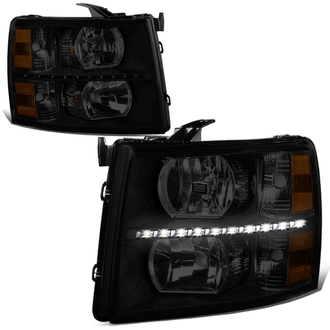 [LED DRL Strip] 07-14 Chevy Silverado Tinted Housing Amber Corner Headlight