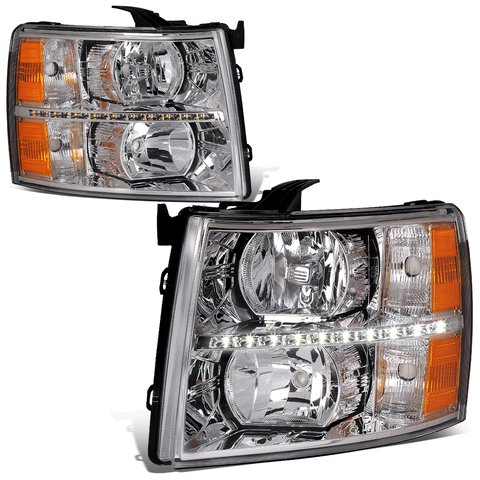 [LED DRL Strip] 07-14 Chevy Silverado Chrome Housing Amber Corner Headlight