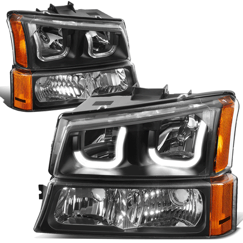 03-07 Chevy Silverado Black Amber J-Halo LED DRL Headlights w/ Bumper Lamps