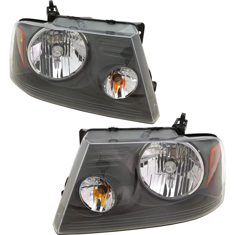 Headlight Set For 2007-2008 Ford F-150 Left & Right Side Clear Lens Gray Housing