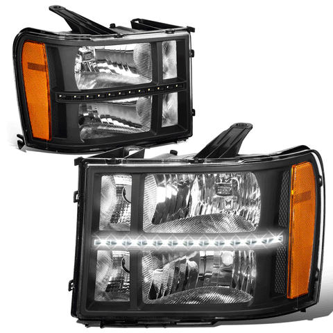 07-14 GMC Sierra 1500 2500 3500 Custom LED DRL Headlight Lamps Black/Amber