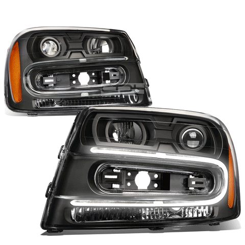 [LED DRL]  2002-2009 Chevy Trailblazer Pair Black Amber Projector Headlight