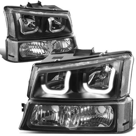 03-07 Chevy Silverado Black Clear J-Halo LED DRL Headlights w/ Bumper Lamps