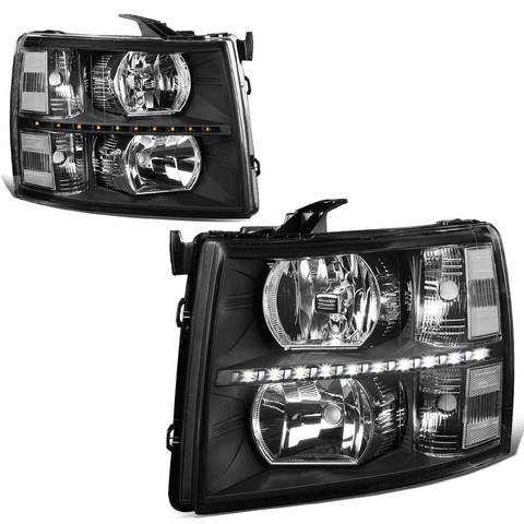 [LED DRL Strip] 07-14 Chevy Silverado Black Housing Clear Corner Headlight