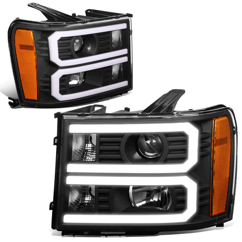 07-14 GMC Sierra Custom LED U-Light Bar DRL Projector Headlight Black/Amber