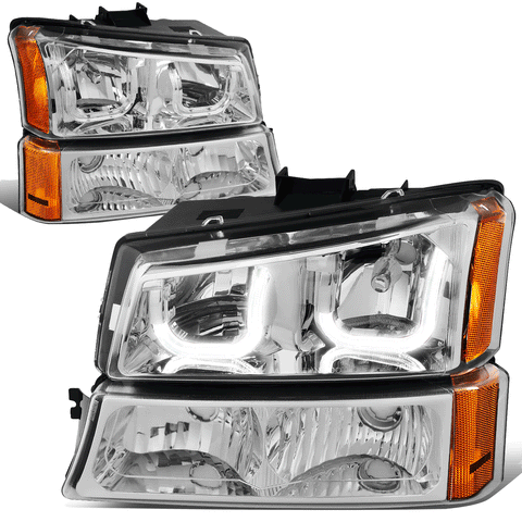 03-07 Chevy Silverado Chrome Amber J-Halo LED DRL Headlights w/ Bumper Lamps